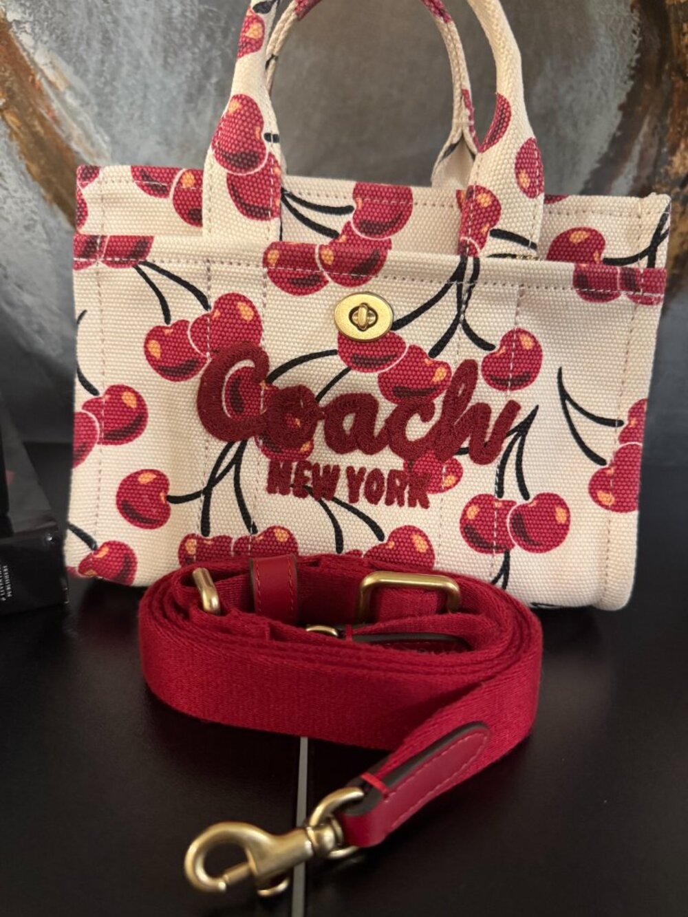 COACH Cargo Cherry Print Canvas Tote Bag - Picture 2 of 4